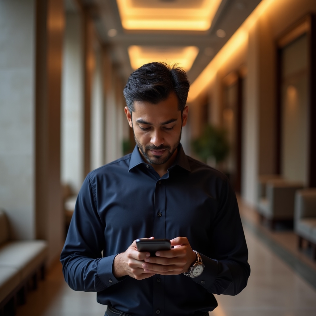Muž středního věku používá chytrý telefon v každodenním životě